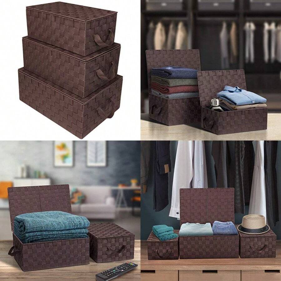 Sorbus Set of 3 Storage Baskets for Organizing with Lid Mesh Hand-Woven Design Linen Closet Organizers and Storage Organizer Storage Baskets for Shelves Variety Pack Organizers and Storage - Marrn - Ver 1