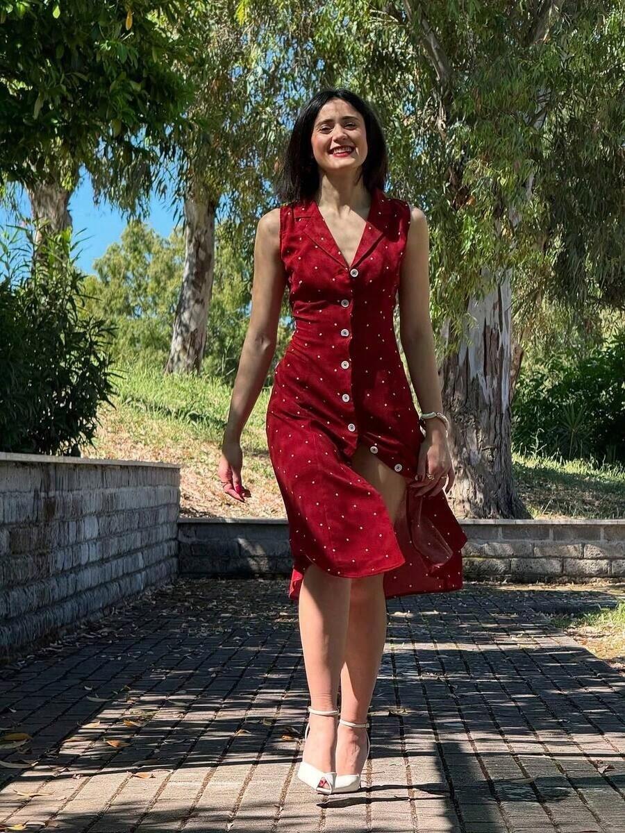 Vestido camisa corto sin mangas elegante para mujer, de tela tejida con detalles de botones, para boda, fiesta y primavera - Rojo - Ver 1