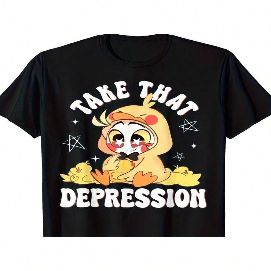Camiseta informal de de manga corta y cuello redondo de algodón con estampado gráfico de dibujos animados. - Negro - Ver 1