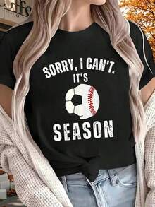 100% Cotton, Women's T-Shirt With 'Sorry, I Can't, It's Football And Baseball Season, I'm The Mother Of Both' Print, Summer Fashion, Short Sleeve, Round Neck, Casual, Women's Clothing - 黑色 - 查看 7