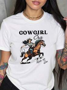 Under The RadarCamiseta de Mujer con Estampado Estilo Denim - Diseño Ecuestre de Estilo Occidental, Corte Holgado, Top Suave para Uso Diario, Adecuada para Actividades Campestres, Ropa Casual - Ropa de Mujer Lavable a Máquina, Camiseta con Temática Ecuestre, Ropa de Estilo Campestre, Estilo Cómodo-Vintage Street Style Unisex Loose Cotton Short Sleeve Crew Neck T-Shirt - Blanco - Ver 7