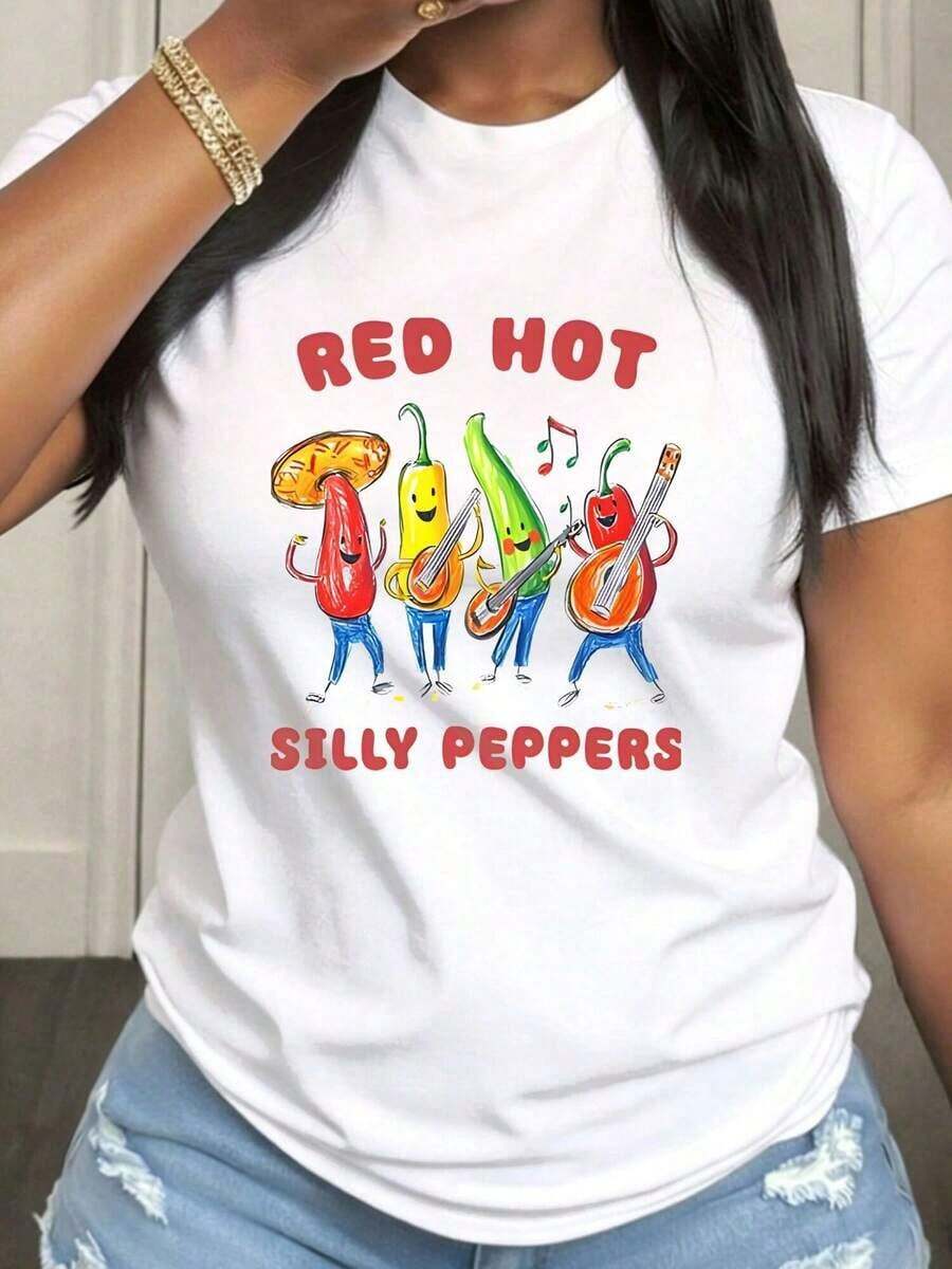 Camiseta Red Hot Silly Peppers para Mujer Talla Grande, Casual, Manga Corta, Cuello Redondo, con Tela de Elasticidad Media, Adecuada para Ropa Casual de Primavera, Verano y Otoño, Lavable a Máquina, Diseño Divertido - Blanco - Ver 1