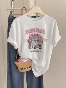 Women's Short-Sleeved T-Shirt With A Vintage Beach Design Featuring Palm Trees, Surfboards, And Vintage Truck Motifs, With The Phrase "Seaside Travel Star" Printed On It. Made From Lightweight Cotton, It's A Must-Have For Casual Spring And Summer Outings. This Vintage-Style T-Shirt Is Machine Washable For Everyday Wear And Is Comfortable And Soft Against The Skin. - 白色 - 查看 6