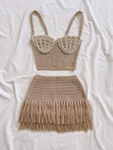 Nuevo conjunto de 2 piezas con corpiño con forma de concha y falda deslizante con dobladillo con flecos, ajustado de cintura baja, estilo bohemio, boho, para vacaciones, otoño, ropa de mujer, vintage, días festivos - Caqui - Ver 5