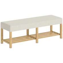140 Cm Solid Wood Shoe Bench, Modern Hallway Bench With Upholstered Seat For Two People, Natural Wood And Cream White - Beige - View 8