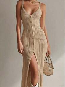 Vestido sin mangas elegante de mujer con abertura lateral, vestido casual de verano para vacaciones - Albaricoque - Ver 2