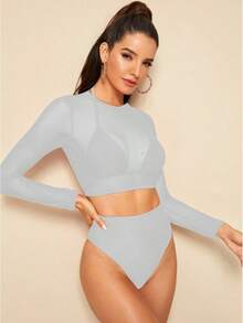 Traje de baño de bikini de malla de manga larga, traje de baño de tres piezas de cintura alta y corte triangular, de cintura alta y efecto adelgazante. - Blanco - Ver 8