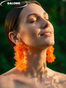 Bohemian Orange Mesh Flower Long Earrings, Lightweight Chiffon Eardrops, Retro Personalized Earrings - Burnt Orange - View 5