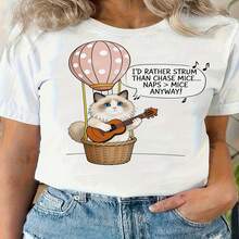 A Classic And Versatile One-Piece, This Pure Cotton Cropped T-Shirt Features A Fun Cat And Guitar-Shaped Hot Air Balloon Print, Perfect For Any Season. Modern Style - White - View 2