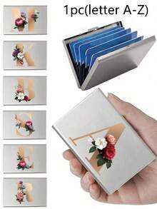 Red Flowers And Gold Letters A-Z Initial Pattern Slim Card Case Minimalist Aluminium Metal Wallet RFID Privacy Protection Credit Card Holder ID Business Card Pouch Portable Card Organizer Thin Metal Purse Multifunctional Card Storage Box For Daily Commute - Multicolor - View 2