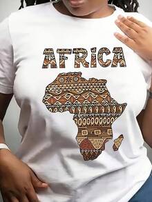 1 camiseta casual de mujer con cuello redondo - diseño de mapa de África, diseño geométrico, mangas cortas, ligera, adecuada para primavera, verano y otoño, para uso diario. |   Camiseta con mapa de África |   Camiseta ligera 180g 100% algodón - Blanco - Ver 11