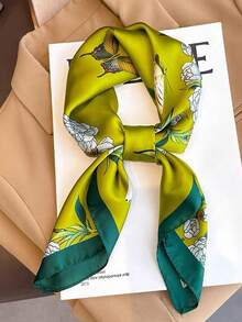 1pc Olive Green Butterfly & Floral Print Scarf, Versatile Accessory For Commuting & Decoration - Multicolor - View 6
