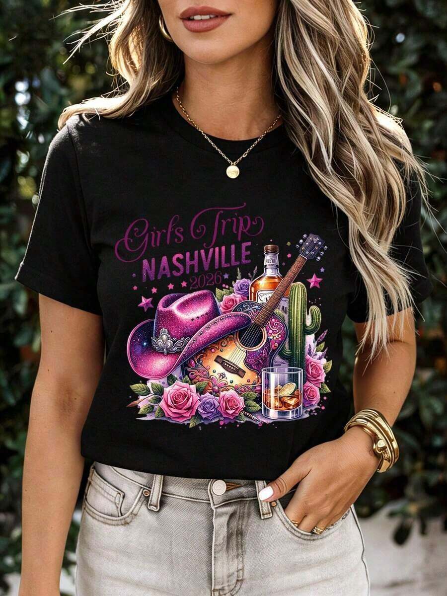 2026Girls Trip Nashville 2026 Camiseta Blanca con Estampado de Sombrero de Vaquero, Guitarra, Cactus y Rosas para Mujer, Atuendo Casual para Vacaciones - Negro - Ver 1