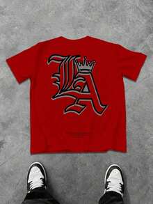 Manfinity Homme Camiseta de manga corta de cuello redondo y hombros caídos con estampado de letras, informal, para hombre de talla grande, de verano - Rojo - Ver 4