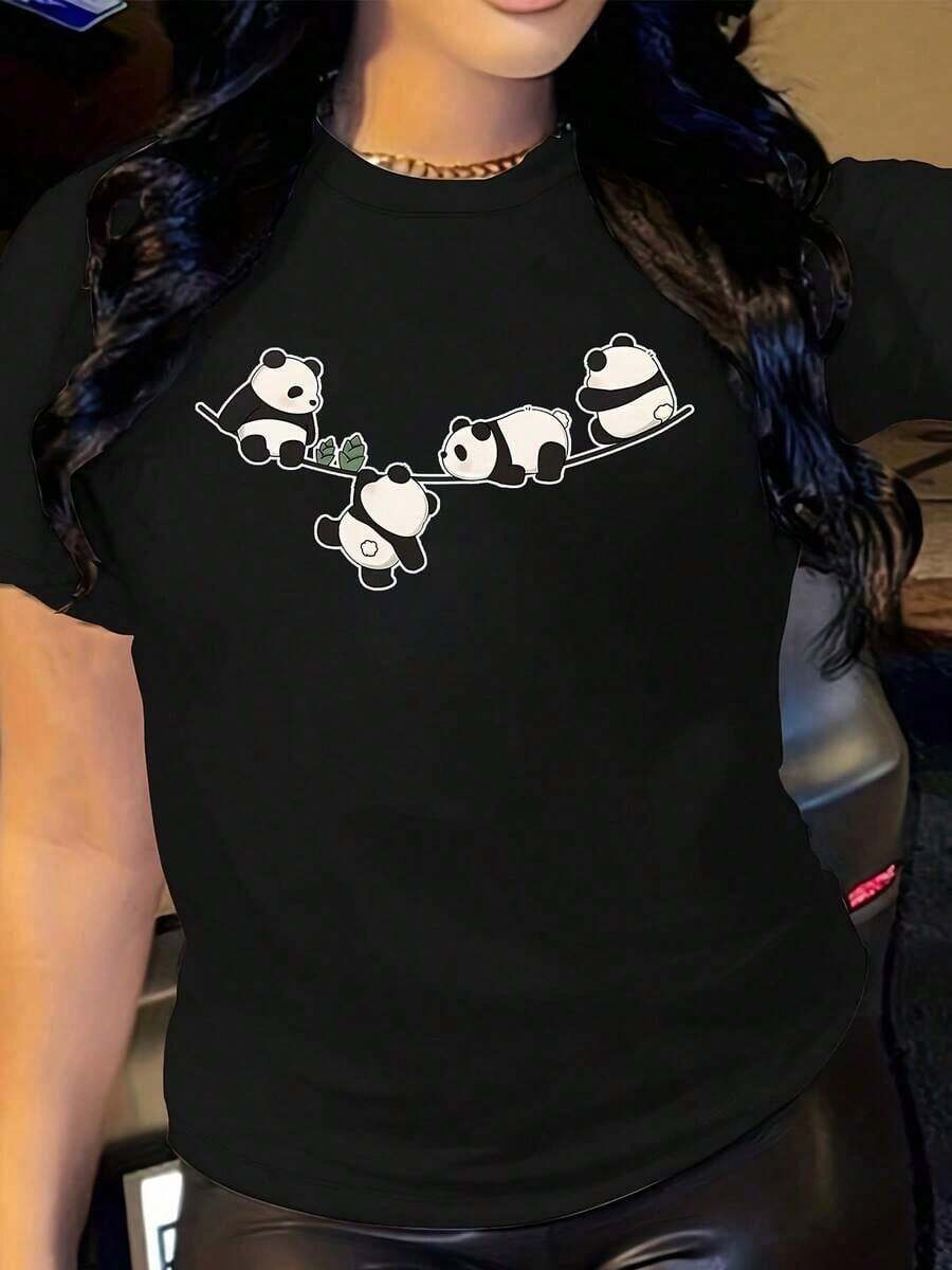 Women's Clothing Panda And Bamboo Print T-Shirt - Soft Round Neck, Short Sleeve, Casual Style With Comfortable And Elastic Fit, White T-Shirt For All Seasons With Green Cartoon Design For Casual Wear, Costume Parties And Gifts (Machine Washable) Women's Shirts - 黑色 - 查看 1