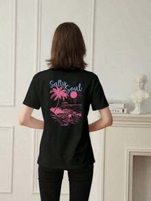 1 Piece - SALTY SOUL Women's Short Sleeve Crew Neck T-Shirt, Coconut Tree And Sun Print, New Spring/Summer Collection, Casual, Versatile And Fashionable Style, Essential For Everyday Wear And Holidays. Women's Holiday Print T-Shirt - 1XL-5XL 180g 100% Cotton - 黑色 - 查看 3