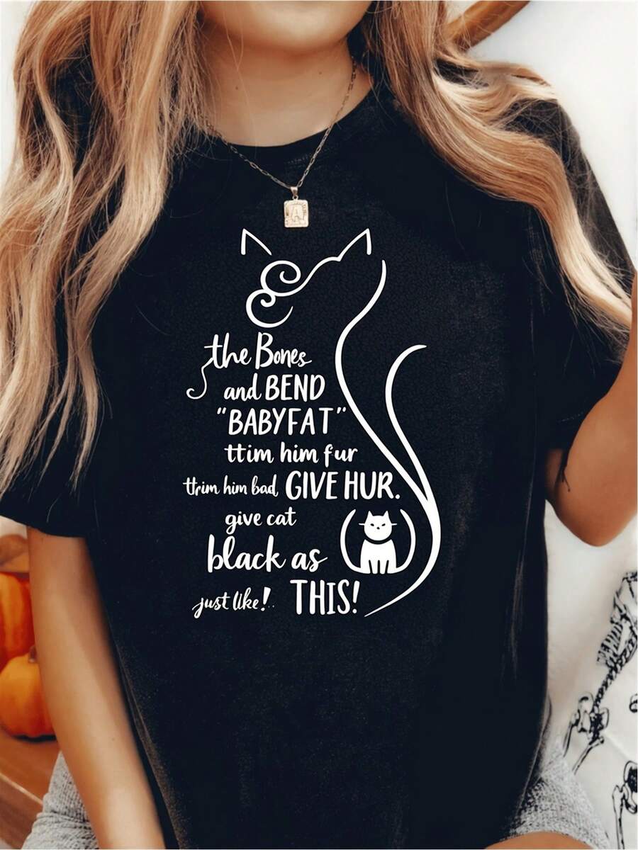 Women's Pure Cotton T-Shirt With Black Cat Print, Casual Short-Sleeved Round Neck Top, Breathable, With Kitten And Cat Designs, A Gift For Pet Lovers, Suitable For Everyday Wear, Women's Clothing, Regular H-Line Cut, Modern And Retro Design Suitable For All Seasons, Comfortable Short-Sleeved T-Shirt For Women. Plain White T-Shirt. - 黑色 - 查看 1