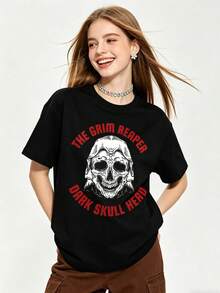 Camiseta de manga corta con cuello redondo suave y casual para mujer de verano |   LA SIERNA, CABEZA DE CALAVERA OSCURA, Capucha, Esqueleto | Tops para salir, Estilo callejero europeo y americano, Casual deportivo, Estilo unisex, Estilo casual urbano, Tops bonitos, Generación Z, Curvas, Ropa Y2K, Camisetas divertidas, Tops de mujer, Conjuntos de vacaciones para mujer, Top lindo, Camiseta gráfica, Conjuntos de primavera, Camisetas holgadas, Ropa urbana retro, Estilo de los 90, Estilo de los 2000, Subcultura, Top negro, Tops blancos, Conjunto de fiesta de los 90. - Negro - Ver 5