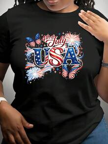 Short-Sleeved T-Shirt For Independence Day, Commemorative T-Shirt With National Flag, Round Neck Style For Women, Comfortable And Soft Fabric, Suitable For Independence Day, Fourth Of July, Heroes' Day, Presidents' Day And Children's Celebrations. - 黑色 - 查看 6