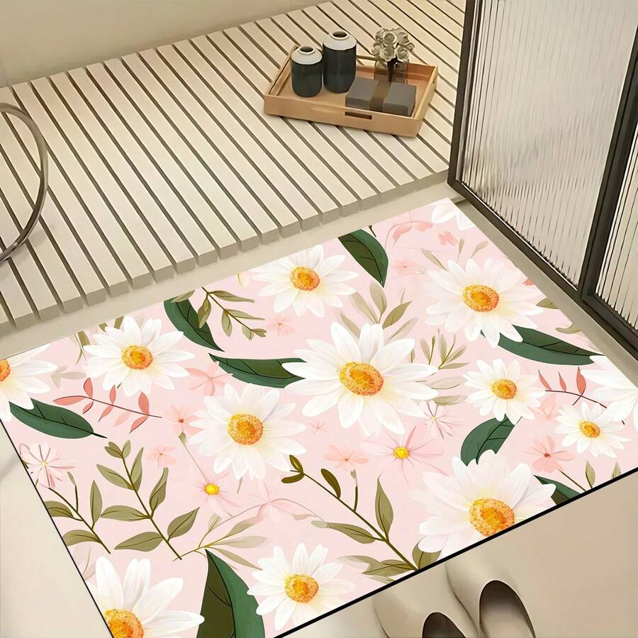 1pc Elegant Floral Pattern Printed Silica Gel Carpet, Easy To Clean, 3D Printed Rectangle, Suitable For Entryway, Living Room, Kitchen, Bedroom, Hallway, Bathroom, Laundry Room - Polyester Carpet, Suitable For Indoor And Outdoor Home Decor - Multicolor - View 1