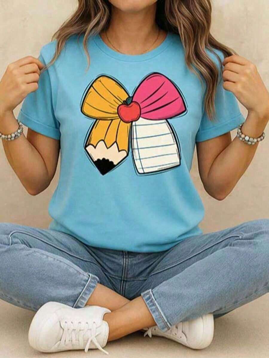 Women's Simple Loose Fit T-Shirt, Modern Style, Short Sleeve Pencil Print T-Shirt, Round Neck, Women's T-Shirts, Graphic Blouses For Women. New Stylish T-Shirt - Ideal For Summer. Women's Graphic Print T-Shirt Summer 2026 - 藍色 - 查看 1