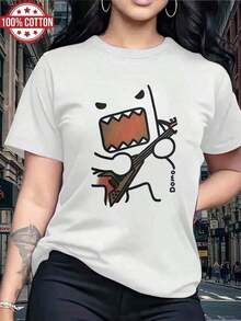 Women's Fashionable Casual Cotton T-Shirt, 100% Cotton, Dome Print Playing Guitar, Crew Neck T-Shirt, Casual Wear, Gift For Holidays, Birthdays, Everyday Wear. Versatile Style Suitable For Summer. Basic Cotton Crew Neck T-Shirt For Women. - 白色 - 查看 1