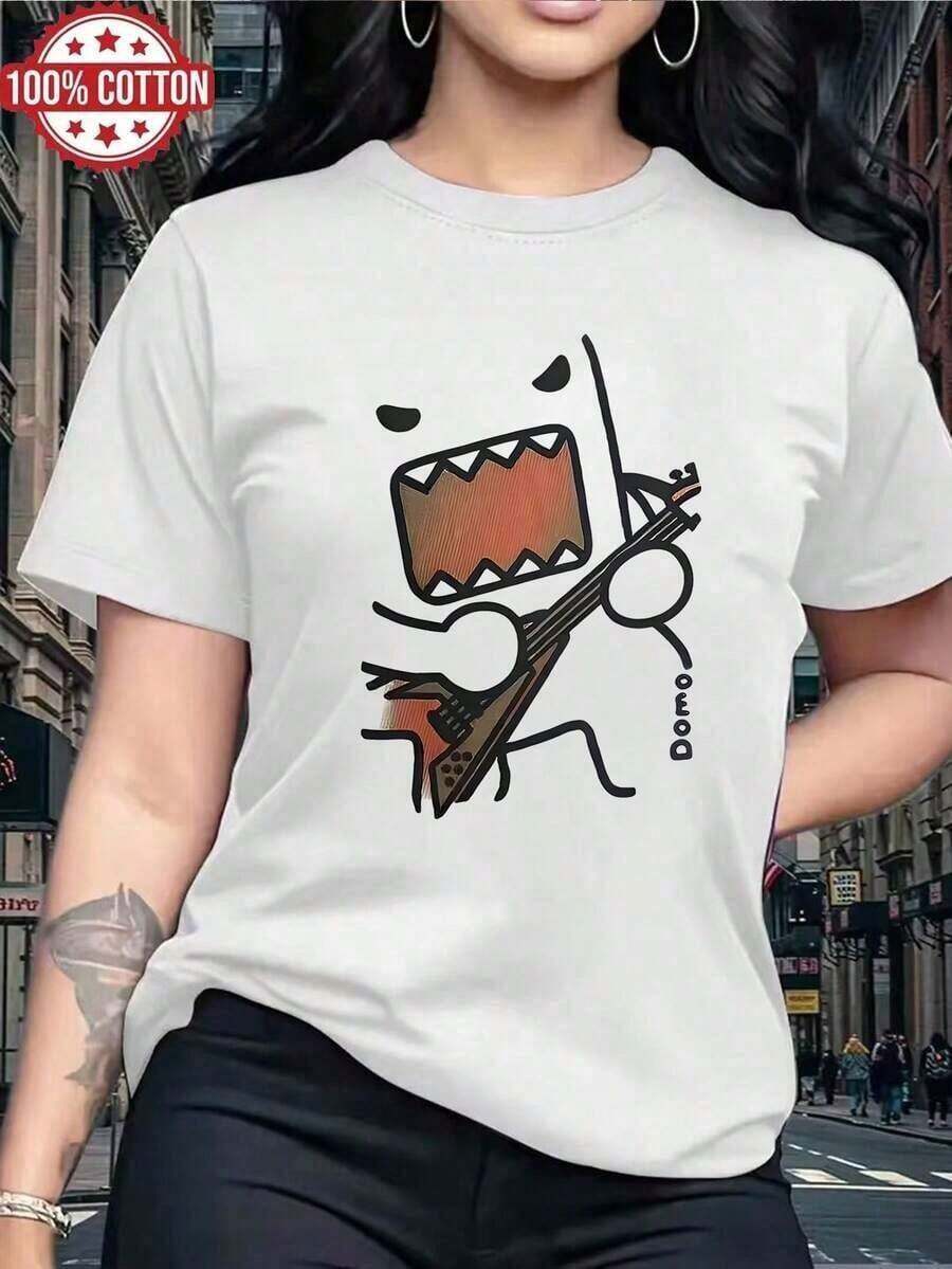 Women's Fashionable Casual Cotton T-Shirt, 100% Cotton, Dome Print Playing Guitar, Crew Neck T-Shirt, Casual Wear, Gift For Holidays, Birthdays, Everyday Wear. Versatile Style Suitable For Summer. Basic Cotton Crew Neck T-Shirt For Women. - 白色 - 查看 1