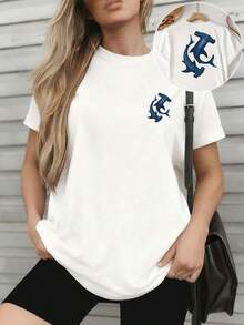 Camiseta Casual 2026 de Verano, Manga Corta, Estilo Y2K, Camiseta Deportiva Casual para Mujer, Cuello Redondo, Manga Corta, Diseño Creativo, Estampado de Vida Marina "Tiburón", Impresión a Doble Cara, Top de Diseño Creativo, Moda de Verano, Corte Holgado, Ligeramente Elástica, Ropa de Color Sólido con Cuello Redondo Suave, Moda de Verano, Corte Holgado, Top Casual de Manga Corta para Uso Diario. Ropa de Verano para Mujer de Talla Grande, Ropa Gratuita para el Día de la Independencia Nacional, 100% Algodón, Duradera - Blanco - Ver 6