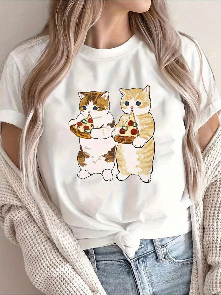 Camiseta Casual de Mujer con Estampado de Gatito Atigrado y Pizza - Manga Corta, Cuello Redondo, Diseño de Gatito Calicó y Rebanada de Pizza, Corte Relajado en H para Amantes, Ropa Casual (Blanco) - Blusa Lavable a Mano para Todas las Estaciones - [Blanco] - Ver 1
