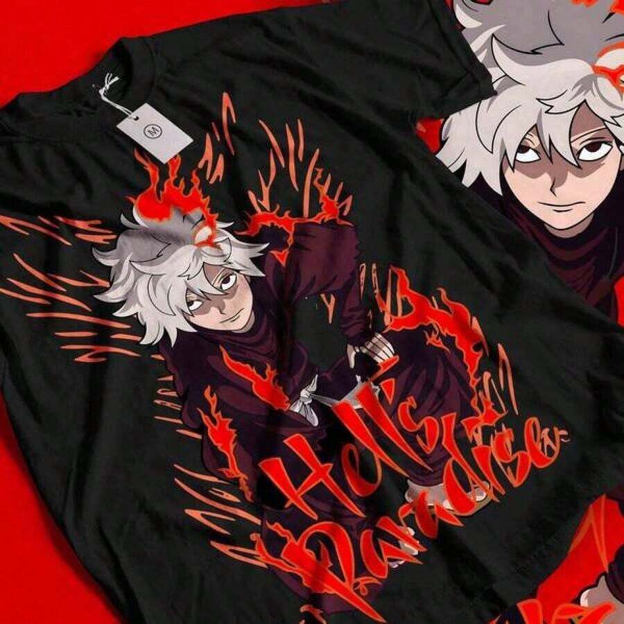Vintage Japanese Anime Cotton T-Shirt, Summer Tops, Matching Family Set, Hell's Paradise Jigokuraku Manga Anime T-Shirt, Casual Wear For All Seasons, Perfect For Outdoor Activities Or As A Daily Gift For Anime Fans, Adult And Children's Sizes. - 黑色 - 查看 1