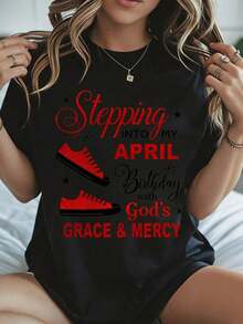 Elegant And Casual Women's Short-Sleeved T-Shirt With "Celebrating My April Birthday With God's Grace And Mercy" Print, Red Sneaker Print For Easter And Spring Celebration, White Casual Wear For Women, Spring Summer. - 黑色 - 查看 8