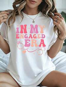Elegante y casual para mujer, manga corta, camiseta de compromiso con estampado "Wedding In My Engaged Era", ropa casual para primavera y verano. - Blanco - Ver 1