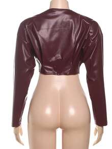 Chaqueta de cuero PU lisa diseño cinturado corto al ombligo estilo moderno para mujer - Burdeos - Ver 7