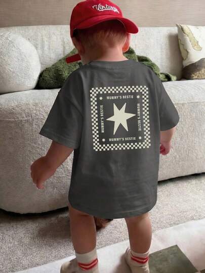 1pc Young BoyCheckered Star T-Shirt, Dark Gray "Mummy's Bestie" Slogan Print Short Sleeve, Cute Star Design Casual Versatile Top