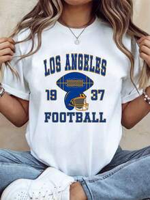 Camiseta Vintage para Mujer con Diseño de Casco de Fútbol Americano de Los Ángeles 1987 - Diseño Retro con Letras Doradas, Transpirable, 190 g/m², Color Sólido, Talla Grande, Cuello Redondo, Manga Corta, Ideal para Fanáticos y Uso Casual. - Blanco - Ver 11