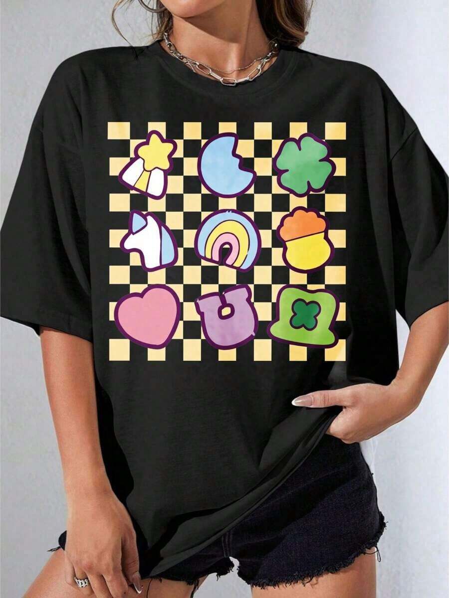 Camisetas de Mujer, Manga Corta Casual para Fiesta, Camiseta Oversize OneCute de Color Blanco con Estampado de Arcoíris, Estrella, Luna, Trébol, Corazón y Cupcake para Uso Casual y Estilo Diario 180g - Negro - Ver 1