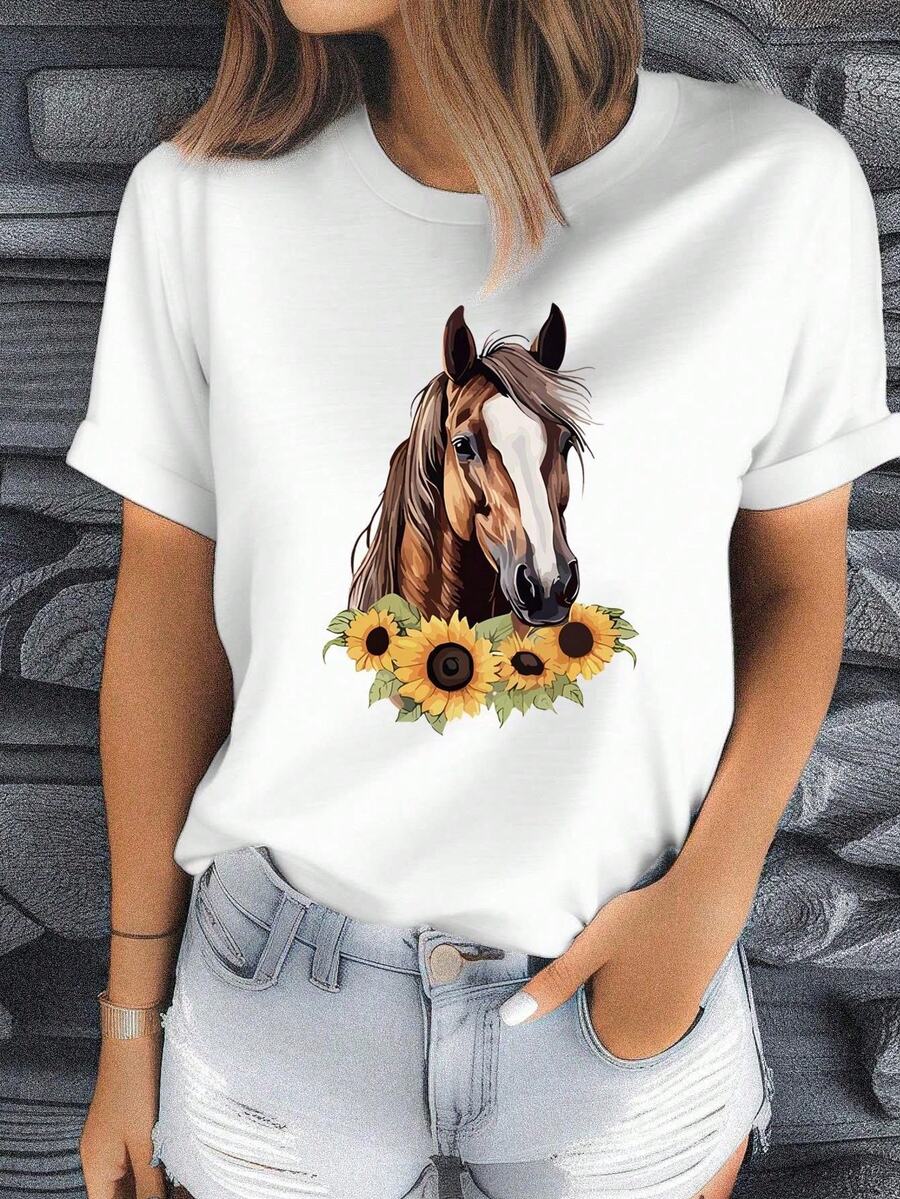 Ladies' Horse Sunflower Print Short Sleeve T-Shirt - White - View 1