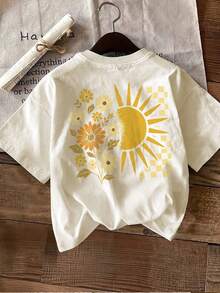 Camiseta de edición limitada con estampado gráfico, manga corta, cuello redondo, top casual para verano y primavera, ropa de mujer, algodón ligero. - Albaricoque - Ver 2