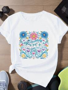 Camiseta de Estilo  Retro con Estampado Floral Colorido y la Letra LOVE para Mujer, Nueva, Versátil, Casual, Ajustada, de Manga Corta para Verano - Blanco - Ver 1