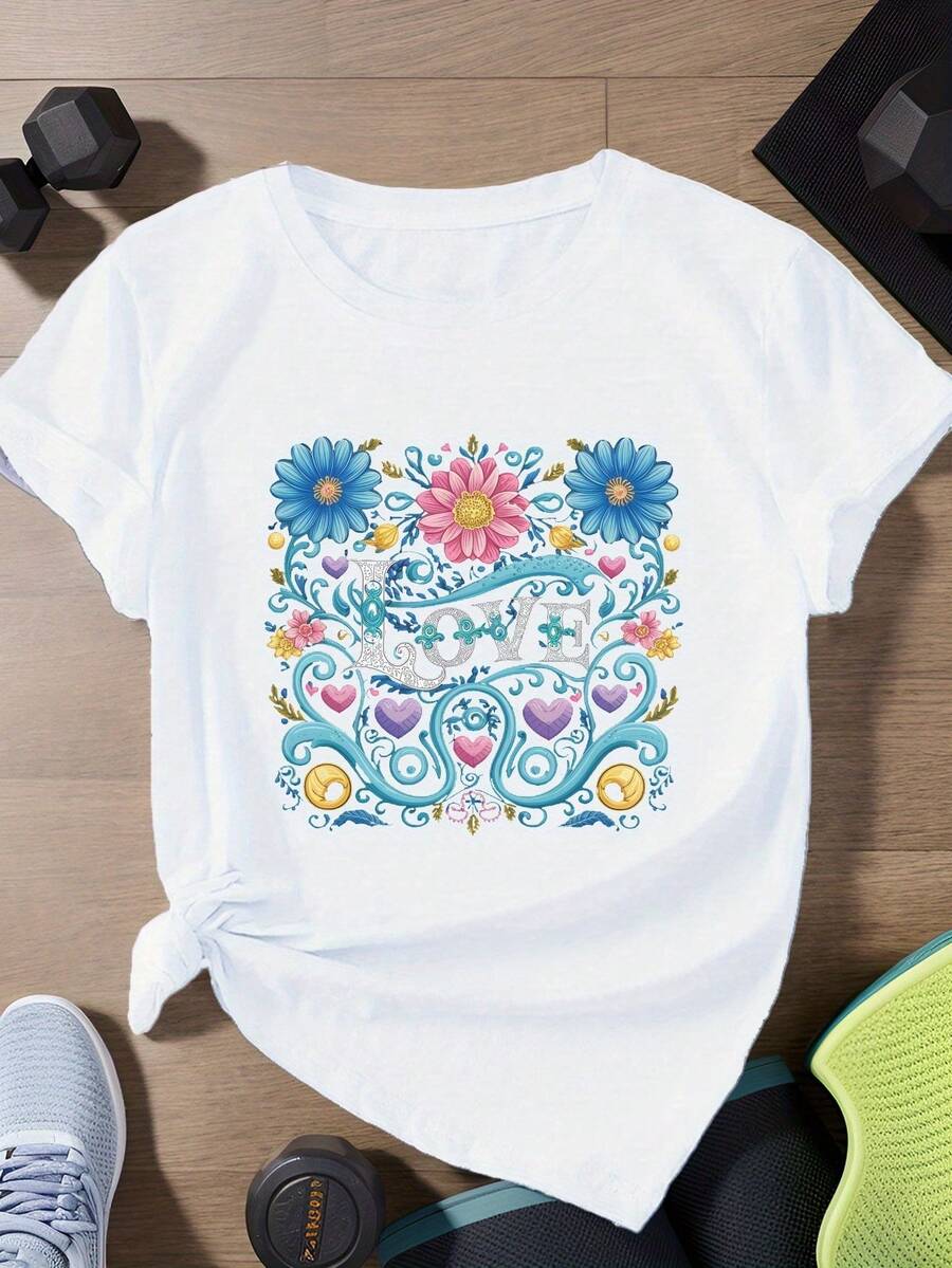 Camiseta de Estilo  Retro con Estampado Floral Colorido y la Letra LOVE para Mujer, Nueva, Versátil, Casual, Ajustada, de Manga Corta para Verano - Blanco - Ver 1