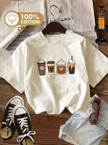 Edición LimitadaMs. La camiseta de mujer de Dong'S Top presenta un estilo minimalista con un estampado de café, está hecha de algodón ligero, tiene cuello redondo, mangas cortas, corte holgado y de estilo casual. - Blanco - Ver 7