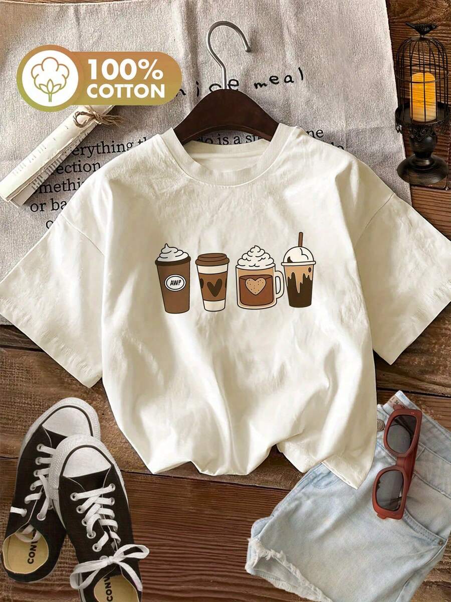 Limited Edition Ms. Dong'S Top Women's T-Shirt Features A Minimalist Style With A Coffee Print, Is Made Of Lightweight Cotton, Has A Round Neck, Short Sleeves, A Loose Fit And A Casual Style. - 杏色 - 查看 1