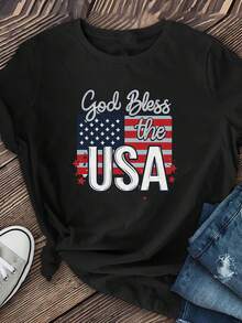 Camiseta de diseño sencillo con estampado de la bandera estadounidense, de manga corta, corte holgado y casual para mujer, casual y elegante, estilosa y práctica para el verano. - Negro - Ver 12