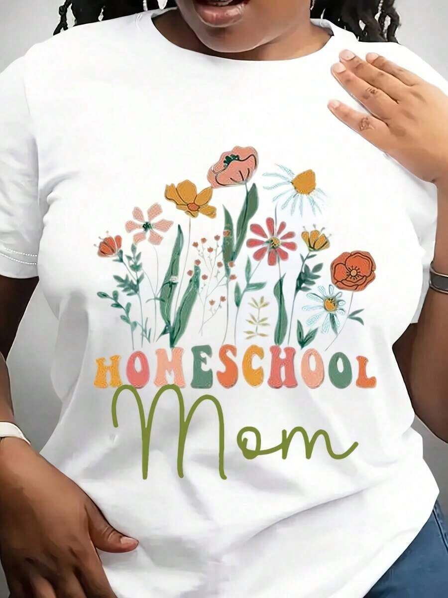 Camiseta de Mujer con Estampado Floral para Mamá de Educación en Casa - Cuello Redondo Casual, Manga Corta, Lavable a Máquina, Perfecta para el Verano, Regalo para el Día de la Madre, Camiseta Casual de Verano con Gráficos Florales, Tela Suave - Blanco - Ver 1