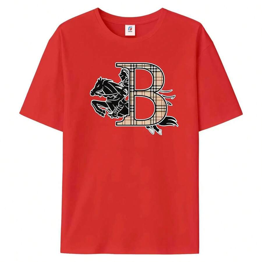 FEEGO Nueva camiseta casual 2026, estampado de moda de alta gama "warhorse" de verano, ropa de hombre moderna con cuello redondo personalizado, adecuada para hombres, mujeres, madres y amigos, estilo de pareja, a la moda y holgada, juvenil y enérgica, camisetas de uso diario para hombre. - Rojo - Ver 1