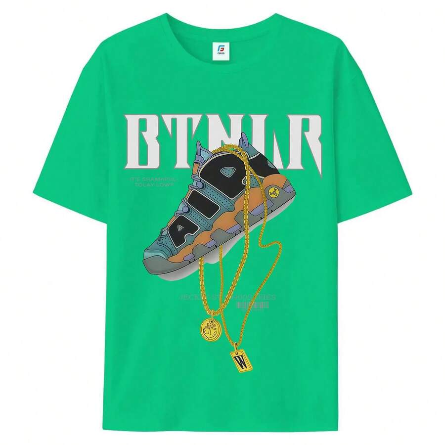 Camiseta gráfica de moda con estampado de cadena dorada grande, unisex, de manga corta y cuello redondo para hombre, estilo urbano, para verano y primavera, informal, ropa, vitalidad juvenil, camisetas gráficas de calidad, transpirable, clásica. - Verde - Ver 1