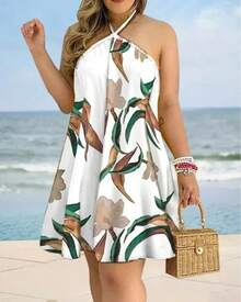 Vestido con cuello halter y estampado floral Vestido halter sin espalda bohemio para primavera y verano Ropa de mujer - Caqui - Ver 3