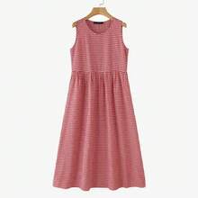 ZANZEA-vestido veraniego a cuadros para mujer, Vestidos bohemios para vacaciones, vestido elegante sin mangas con cuello redondo, Vestidos de trabajo holgados informales - Rojo - Ver 1