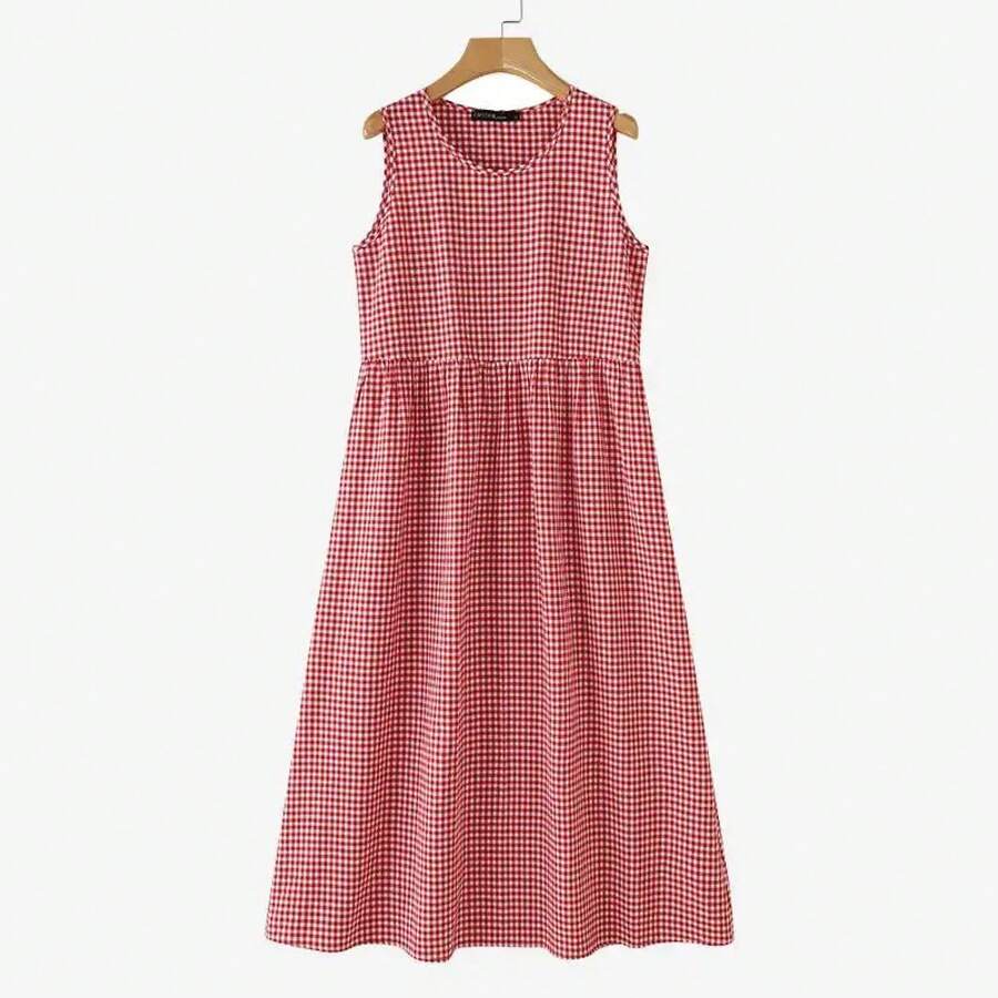 ZANZEA-vestido veraniego a cuadros para mujer, Vestidos bohemios para vacaciones, vestido elegante sin mangas con cuello redondo, Vestidos de trabajo holgados informales - Rojo - Ver 1