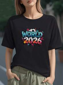 Gráfico de balón de fútbol con letras coloridas WORLD 2026 que expresa pasión por el deporte y energía juvenil camiseta para mujer 100% algodón cómoda y moderna - Negro - Ver 6